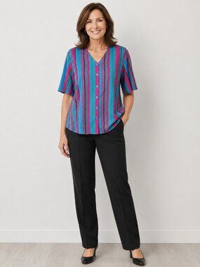 1980's nice vivid pink & Turquoise stripe top SHIPS FREE